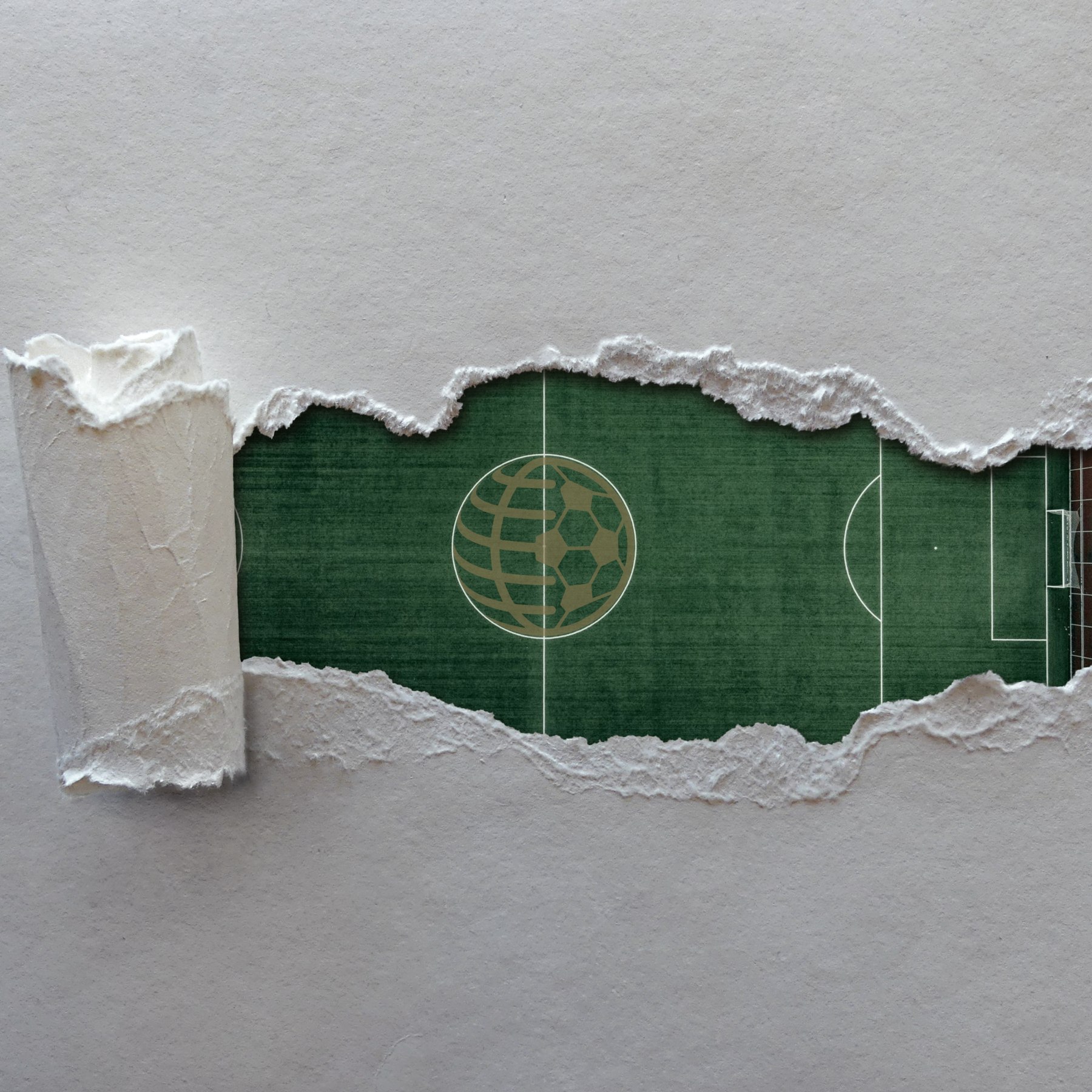 Torn paper reveals a football pitch with the Global Soccer logo